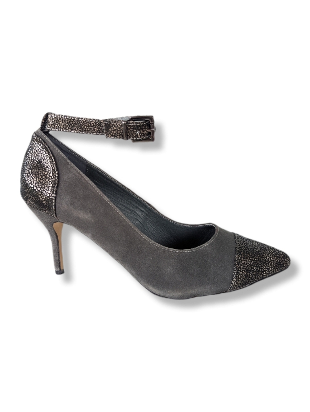 Hal Rubenstein Women's Gray & Metallic Black Embossed Leather Suede Heels